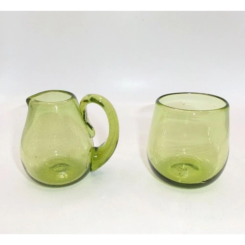 Vtg Green Glass Creamer & Open Sugar Jar Applied Handle Blown Glass Pontil 3 in